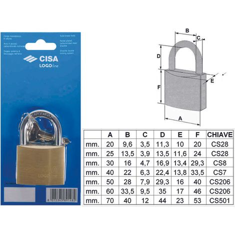LUCCHETTO LOGO OTTONE ARCO NORMALE IN BLISTER 21090- - mm.40 (art.21090400) - 6 blister CISA