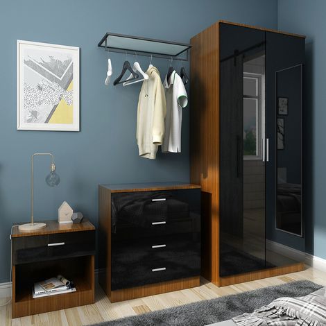 ELEGANT Black/Walnut Modern High Gloss Wardrobe and Cabinet Furniture Set Bedroom 2 Doors Wardrobe and 4 Drawer Chest and Bedside Cabinet (1/5)