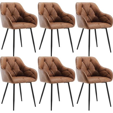 Woltu – Lot de 6 chaises de salle à manger en similicuir vintage – Dossier incliné et accoudoirs – Pieds en métal – Marron foncé – Dimensions 56x53x83.5cm