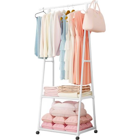Perchero para ropa estantes almacenamiento zapatero 2 estantes ruedas de soporte  Color: Blanco