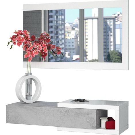 Mobile da ingresso Mcallen, Entratina reversibile con specchio, Mobile per atrio con cassetto, Svuotatasche per appartamenti, 95x26h69 cm, Bianco e Cemento