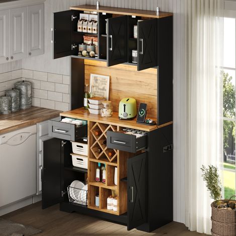 Meuble de cuisine, armoire de rangement haute avec éclairage LED, meuble garde-manger avec casiers à vin, cave à vin et vitrine pour salon et salle à manger, 180 × 105 × 40 cm (1/5)