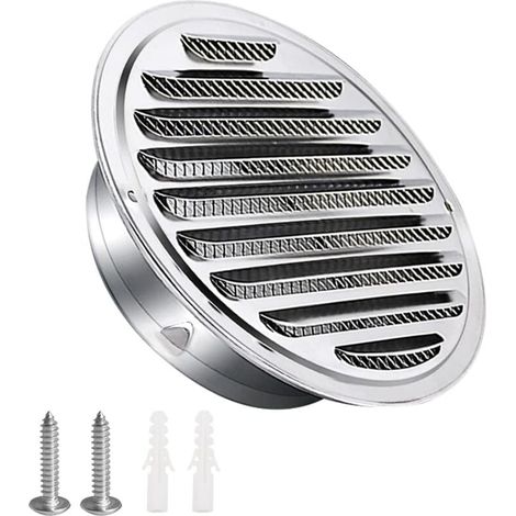 Grille d'aération en acier inoxydable 100mm avec vis et chevilles Protection contre les intempéries Lamelles avec moustiquaire et boucle Grille d'évacuation d'air ronde Visser et bride Grille (1/4)