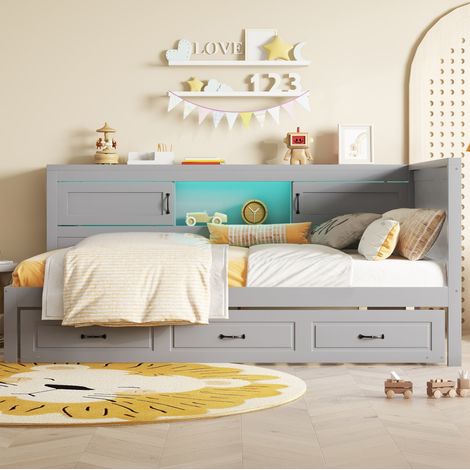 Cama nido de madera MDF y aglomerado gris 90x200 cm con cama extraíble, LED, USB, enchufe y almacenaje (1/5)