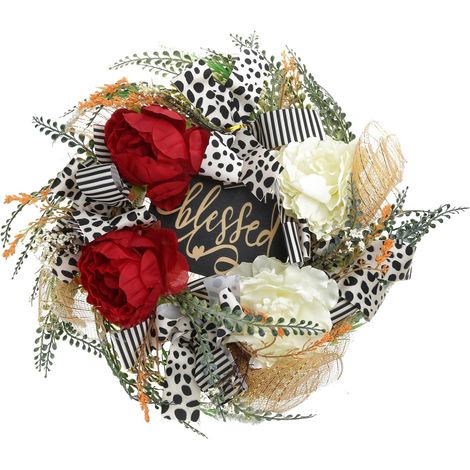 Couronne de porte d'entrée imitation avec nœud papillon et ruban floral artificiel pour Thanksgiving Noël