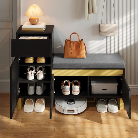 Meuble à chaussures 120x35x85 cm noir en MDF avec banc coussiné, tiroir et rangements (1/5)