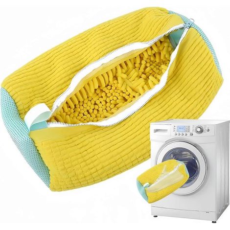 Sac à linge pour chaussures Xicennego, avec fermeture éclair intérieure, en tissu chenille, grand sac jaune pour machine à laver les chaussures, 16 pouces x 7 pouces. (1/4)