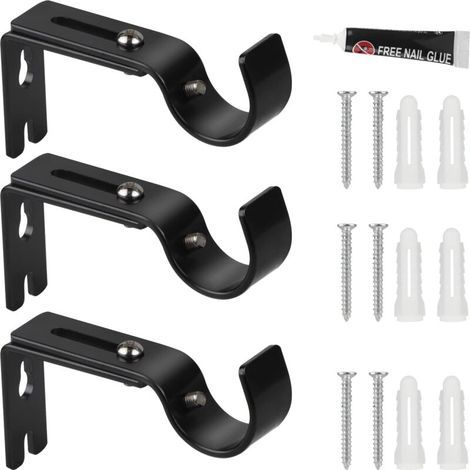 Set of 3 adjustable metal curtain rod brackets, diameter: 20-25 mm, adjustable length: 3 cm, self-adhesive and drillable curtain rod bracket for home and office, black