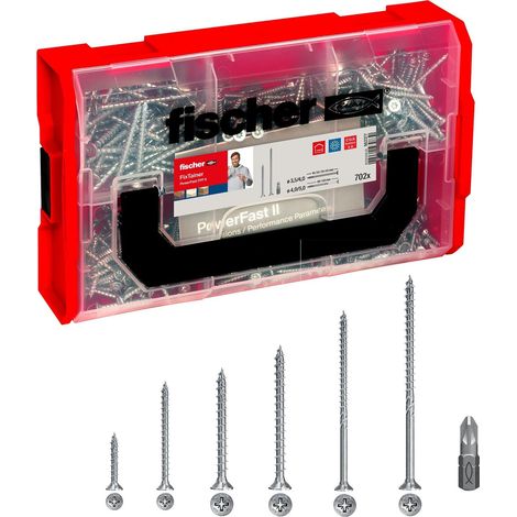 Fischer FixTainer 700x Viti per Legno Pozi PowerFast FPF II CZF/CZP, Include 2 Inserti per Avvitatore, Filetto Totale/Parziale, Autofilettanti, Testa Svasata, 562277 (1/5)