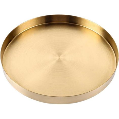 1 Plateau rond, Acier inoxydable 430, Finition brossée dorée, Diamètre 30 cm, Bordure 2,8 cm, Salon Chambre (1/5)