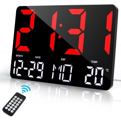 12" LED Horloge Murale Numérique de Bureau, Grande Horloge Digitale avec Télécommande, Température, Date, Alarmes, Snooze, Luminosité Réglable Pendule Murale pour Salon Chambre Bureau, Rouge (1/5)