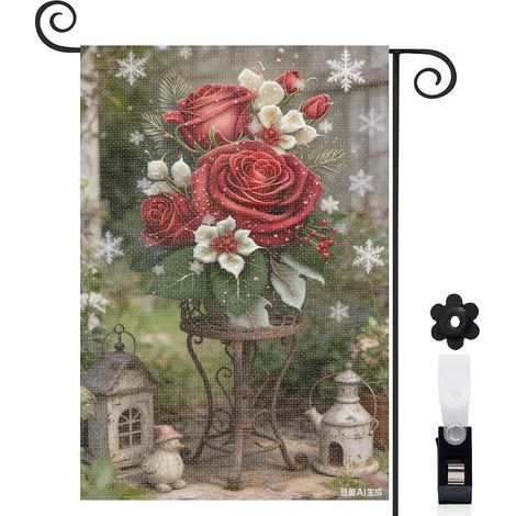 Bannière de cour fleurs blanches et roses rouges 30 x 45 cm décoration porche (1/5)