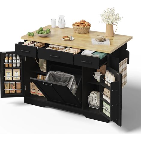 Mobile Kücheninsel mit klappbarer Arbeitsplatte,Küchenwagen,Stauraumschrank, Müllschrank,Buffetschrank mit Gewürzregal,Schublade und Rollen, 120 × 45 (70) × 87 cm,schwarz