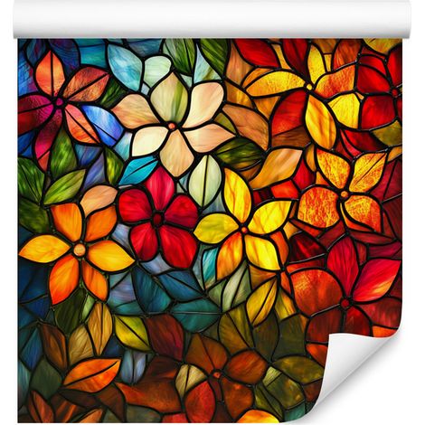 Papier peint à motifs de fleurs en vitrail rouge et ocre pour salon et chambre 50x1000 cm (1/5)