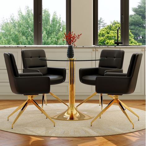 Conjunto de mesa de comedor redonda 85x85x76 cm, sillas giratorias 360°, cristal templado, PU, metal negro y dorado (1/5)