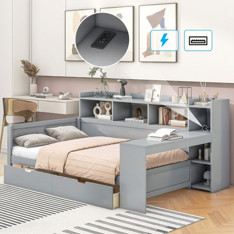 Lit banquette 90x200 cm en bois gris avec bureau, tiroirs et ports usb intégrés, sans matelas (1/5)
