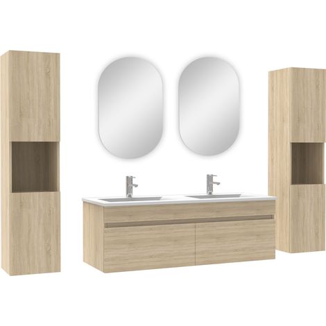 Acezanble ensemble meubles Salle de Bain double vasque 120cm, colonnex2 et miroir ovale Chêne Wotan (1/4)