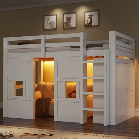 Cama altillo de 90x200 cm - con armario integrado, 2 ventanas y LED - de MDF y pino - blanco - sin colchón (1/5)