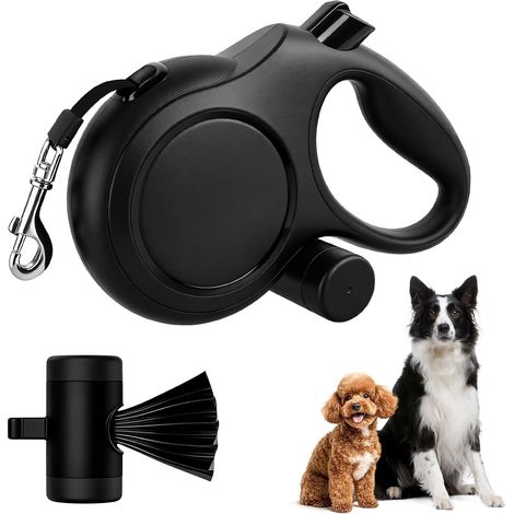 Laisse Chien Enrouleur 8m, Laisse Enrouleur pour Chiens Moyens et Grands (Jusqu’à 50kg), Anti-Morsure Laisses pour Chien avec Un Boutton S'arrêter Bloquer et Distributeur de Sacs (Noir) (1/5)