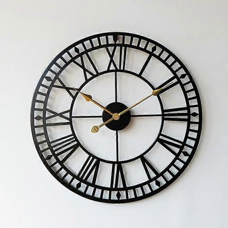 Horloge murale d'extérieur résistante aux intempéries, grande, silencieuse, à chiffres romains rétro, fonctionnant sur piles, pour jardin, salon - 80 cm (métal, noir) (1/4)