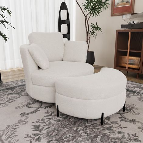 Fauteuil XXL moderne avec pouf rangement lune, similicuir agneau ivoire, 3 coussins amovibles, assise élastique, salon chambre bureau 103x90,5x85,5cm (1/5)