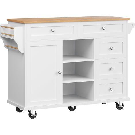 CAIziChariot de service (134 x 46 x 92 cm), chariot de service blanc moderne et simple, design combiné meuble de rangement avec tiroirs, design double usage mobile et fixe, adapté aux cuisines domesti