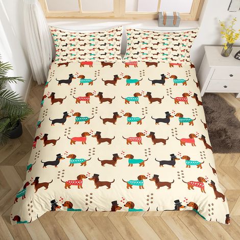 Parure de lit 155 x 220 cm pour les amateurs de chien saucisse mignon - Housse de couette - Motif pattes de chien marron (1/5)