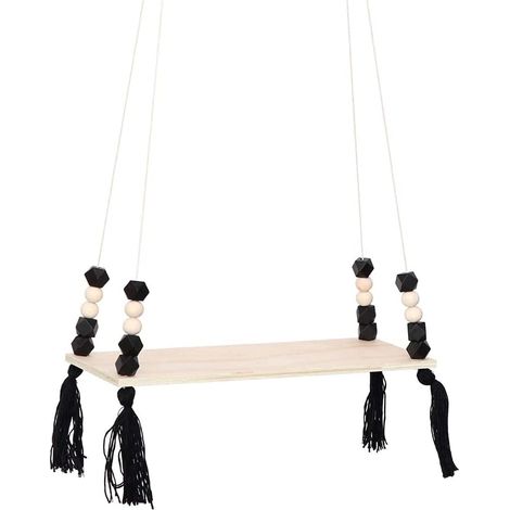 Cintre en bois, balançoire en corde en bois, balançoire en corde triangulaire réglable flottante avec pompon, pour plantes, bougies, chambre, fenêtre, jardin (noir) (1/3)