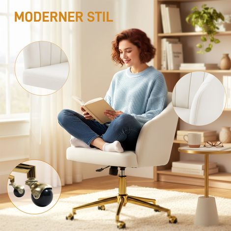 Fauteuil de bureau velours effet, rembourrage mousse, réglable en hauteur, roulettes, base acier, blanc crème (1/5)