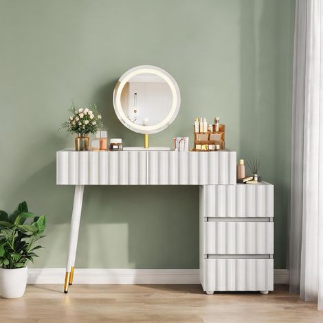 Coiffeuse LED blanche avec miroir lumineux et 5 tiroirs (1/5)
