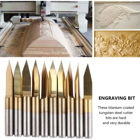 10 pièces Fraises à graver CNC en acier tungstène revêtu de titane de 3,175 mm (3,17530°0,1)