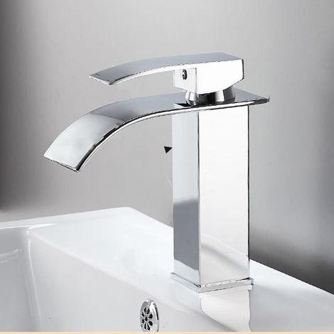 Robinets de salle de bain en acier inoxydable noir/argenté, robinet de lavabo à bouche plate et incurvée, robinet de lavabo cascade, robinets mélangeurs d'eau froide et chaude