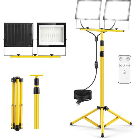 Lampe de chantier LED 300 W avec trépied, télécommande, interrupteur et prise Lampe de chantier 6500 K blanc froid, étanche IP66, intensité variable, pour atelier et chantier (1/5)