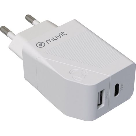 Muvit per cambio caricatore dewall 1 usb qc 3.0 18w+1 type c pd 20w white