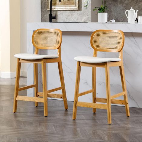 Barhocker 2er Set mit Rattanlehne, Holz, PU-Leder, weiß, 67cm Sitzhöhe (1/5)