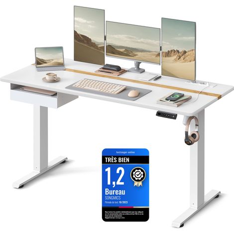 Bureau Électrique Réglable en Hauteur, Bureau Assis-debout, Multiprise, Tiroir, 70 x 160 cm, Réglable en Continu, Fonction Mémoire de 4 Hauteurs, Blanc Nuage et Couleur Chêne Naturel (1/5)
