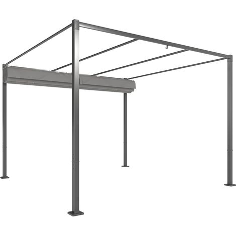 Pergola rétractable coulissante 3x3m tonnelle jardin fixation magnétique tissu polyester haute densité gris