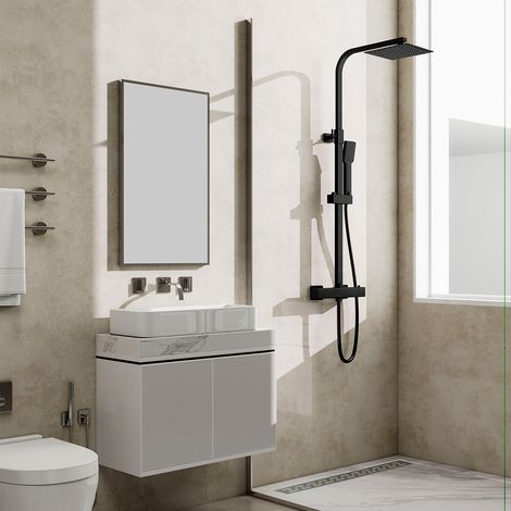 Soffione doccia quadrato 20x20cm in acciaio inox, colonne doccia con miscelatore termostatico, saliscendi regolabile 73-115cm, nero opaco (1/5)