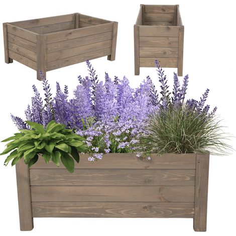 MODO24 Jardinière sur pieds en bois de pin, bac à fleurs jardin/balcon/terrasse, pour fleurs & herbes, 31x80x40 cm, gris imprégné