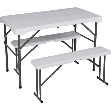 GOPLUS Ensemble de Table de Bière 3 Pièces Pliante de Bière avec 2 Bancs, Ensemble de Table de Camping en Plastique, Portable pour Camping, Pique-Nique, Intérieur, Blanc