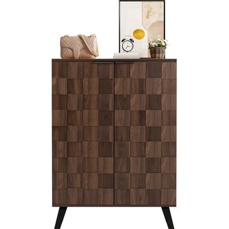 Zapatero moderno con 5 compartimentos, 4 estantes regulables y puertas con relieve geométrico en madera oscura, patas negras y cierre suave, 80 x 35,5 x 110 cm - CHICFURN (1/5)