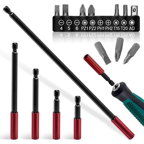 5 Pièces Porte Embout Magnetique Rallonge de Perceuse 50/60/100/150/300 mm avec Embout Visseuse 25 mm Tige Hexagonale 1/4" Compatibles avec les Tournevis Perceuses et Visseuses a Percussion sans Fil
