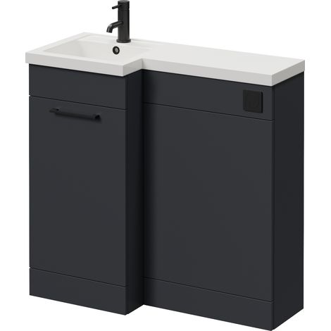 Napoli 390 Gloss Grey 900mm Single Door Vanity Unit Toilet Suite with Left Hand Square Lucia Basin - 900mm - Matt Black 160mm HandleWithout Kingston Toilet Pan