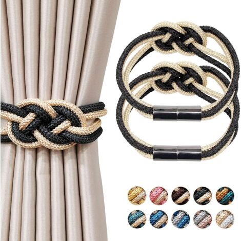 QORVA-Lot de 2 embrasses de rideaux magnétiques de style nordique avec cordon tressé décoratif pour la maison et le bureau (noir et beige)