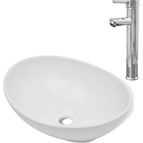 Lavandino da bagno con miscelatore ovale in ceramica bianco 020002843