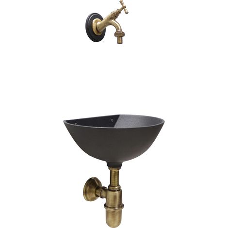 Fontana a muro modello 600 a parete grigio ghisa casa giardino balcone con rubinetto ottone brunito 303B e sifone con piletta (1/4)