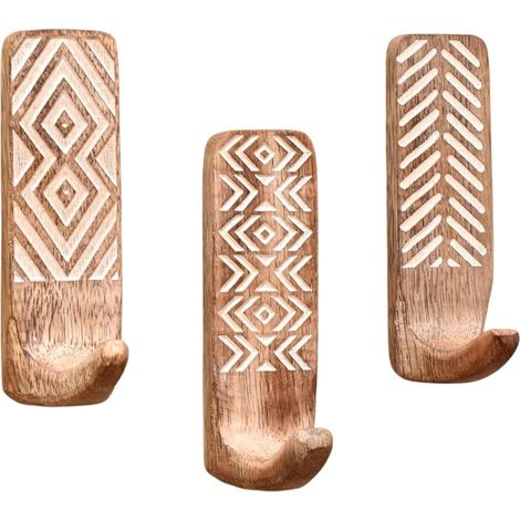 Indian Shelf Crochets muraux décoratifs en bois adhésifs pour manteaux – 3 crochets 6 bandes, étanche, antirouille, porte-serviettes, crochets sans perçage pour salle de bain et cuisine – Mignon (1/5)
