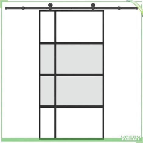 Porte coulissante - Ligne décorative verticale - Verre trempé 5 mm - Cadre aluminium noir mat - Rail 213,5 cm 100 kg (1/5)