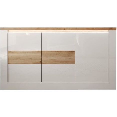 Buffet AUCUNE IMOLA 3 portes Blanc laqué brillant / Chêne clair 160 x 43 x 88 cm Éclairage LED