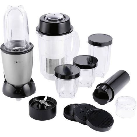 GOURMETmaxx Mr. Magic Blender  Smoothie Maker con confezione di accessori XXL  Frullatore da 18 pezzi  Frullatore con coperchi a tenuta stagna  Food Processor per frullati, smoothie, ecc. (1/5)